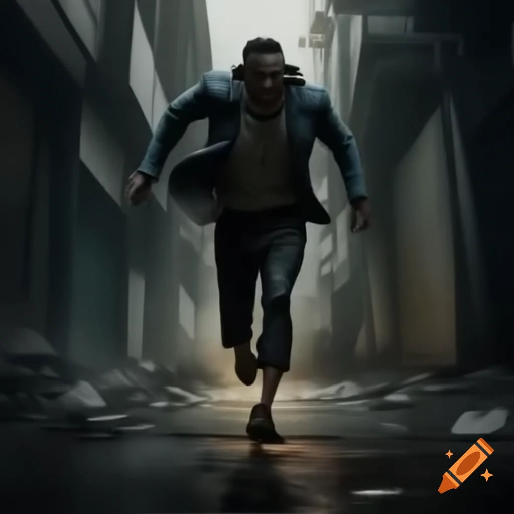 Man running in fear through deserted alleyway, looking over shoulder