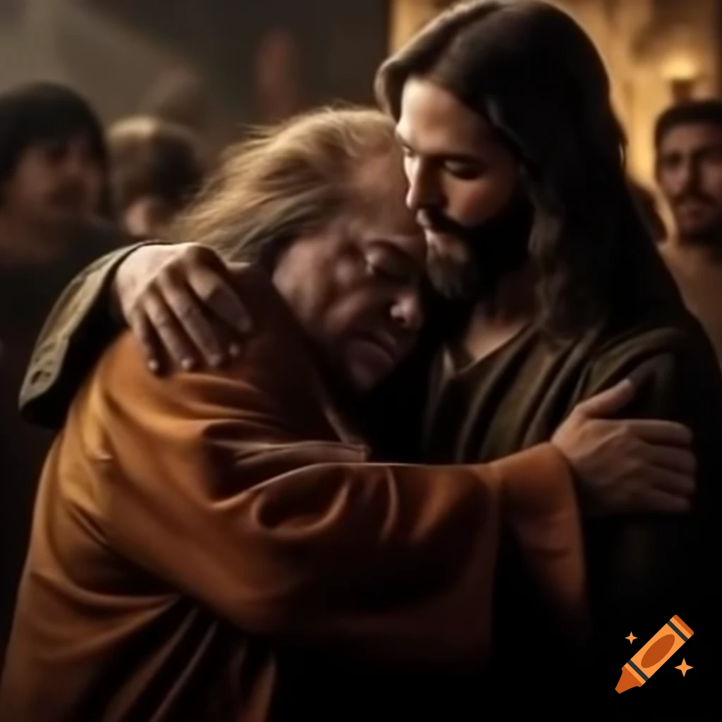 Humorous scene of Danny DeVito hugging Jesus Christ