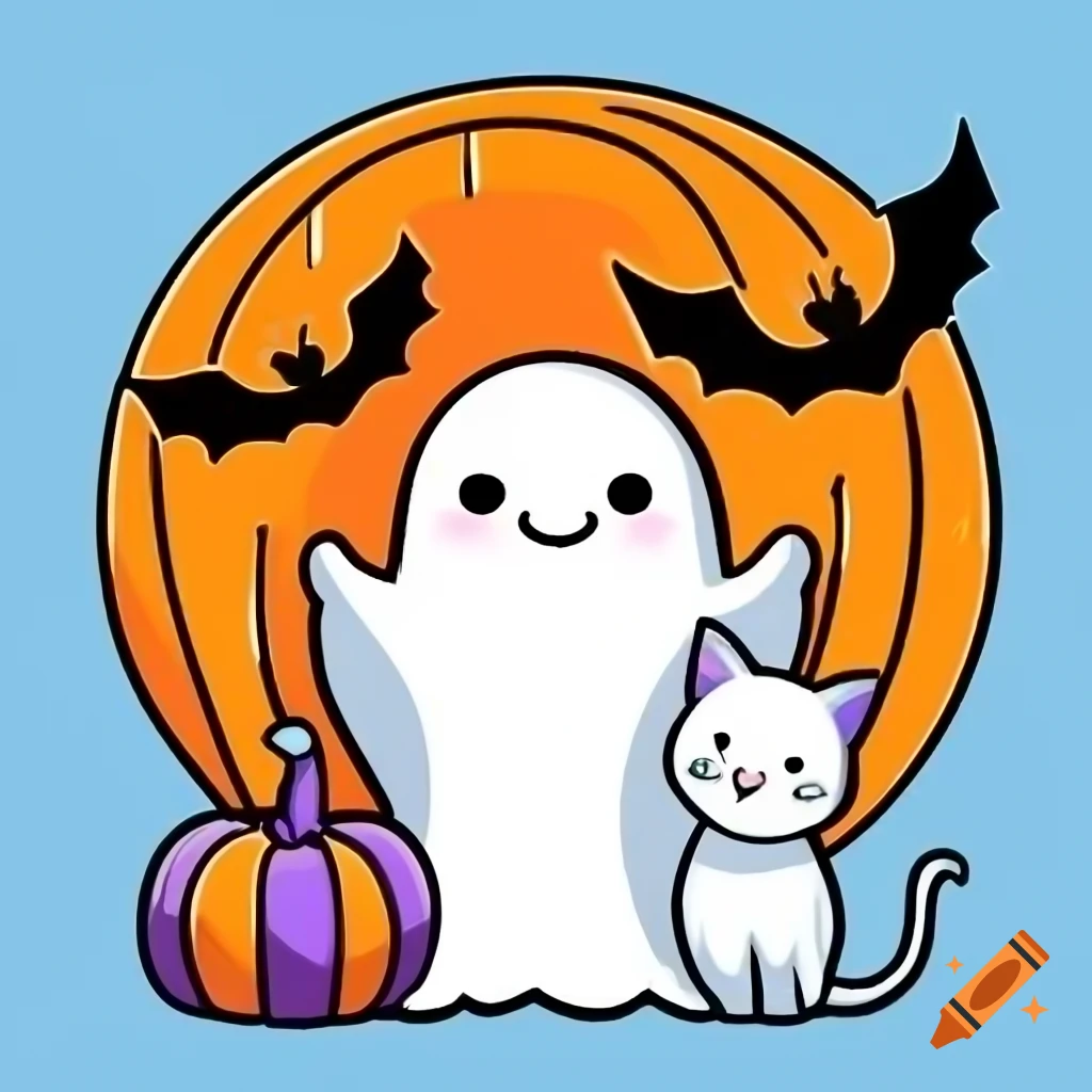 Whimsical Halloween clipart with friendly ghost, black cat, grinning pumpkin, and spooky elements