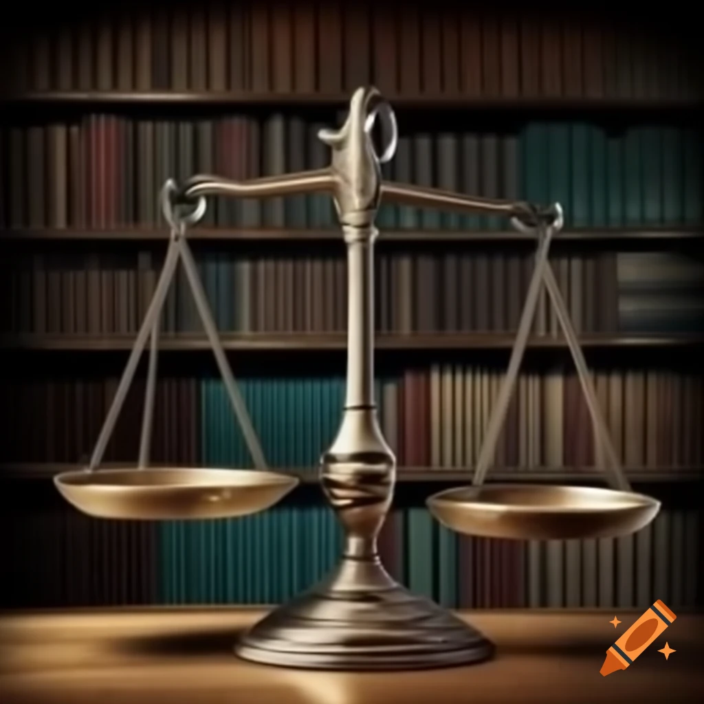 Scales of justice placed in a library setting