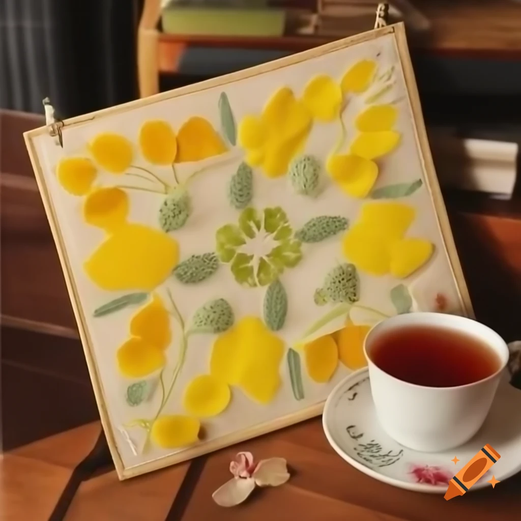 Embroidery and cup of tea on yellow leaves background