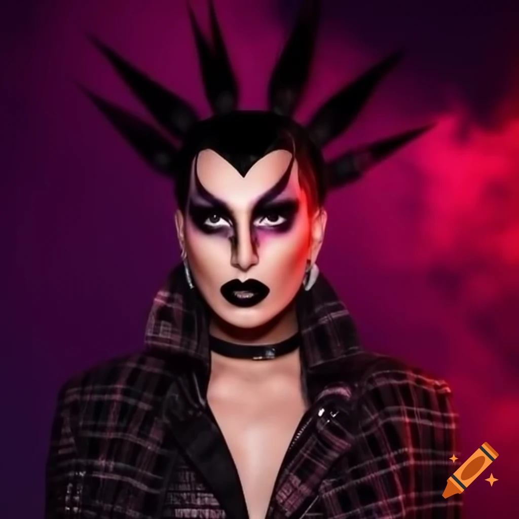 Dramatic punk rock high-fashion look with plaid jumpsuit and spikes