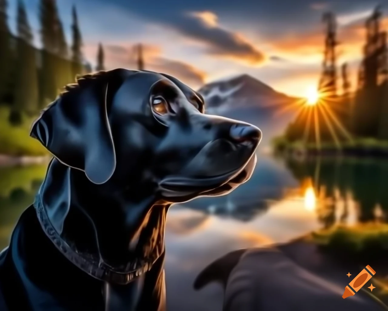 Black Labrador Retriever in forest facing camera with trees in background