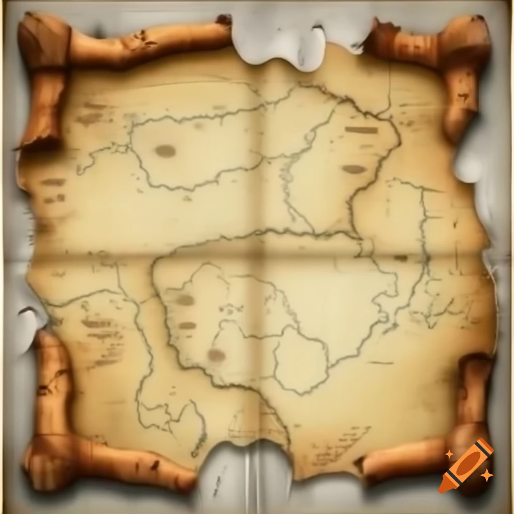 Old explorer's map with beige and brown tones, parchment texture, frayed edges