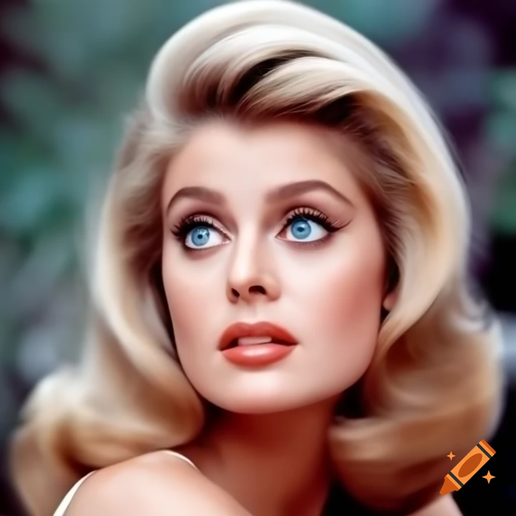 Hyper-realistic portrait of a 1963 European actress with blue eyes and wavy blonde hair