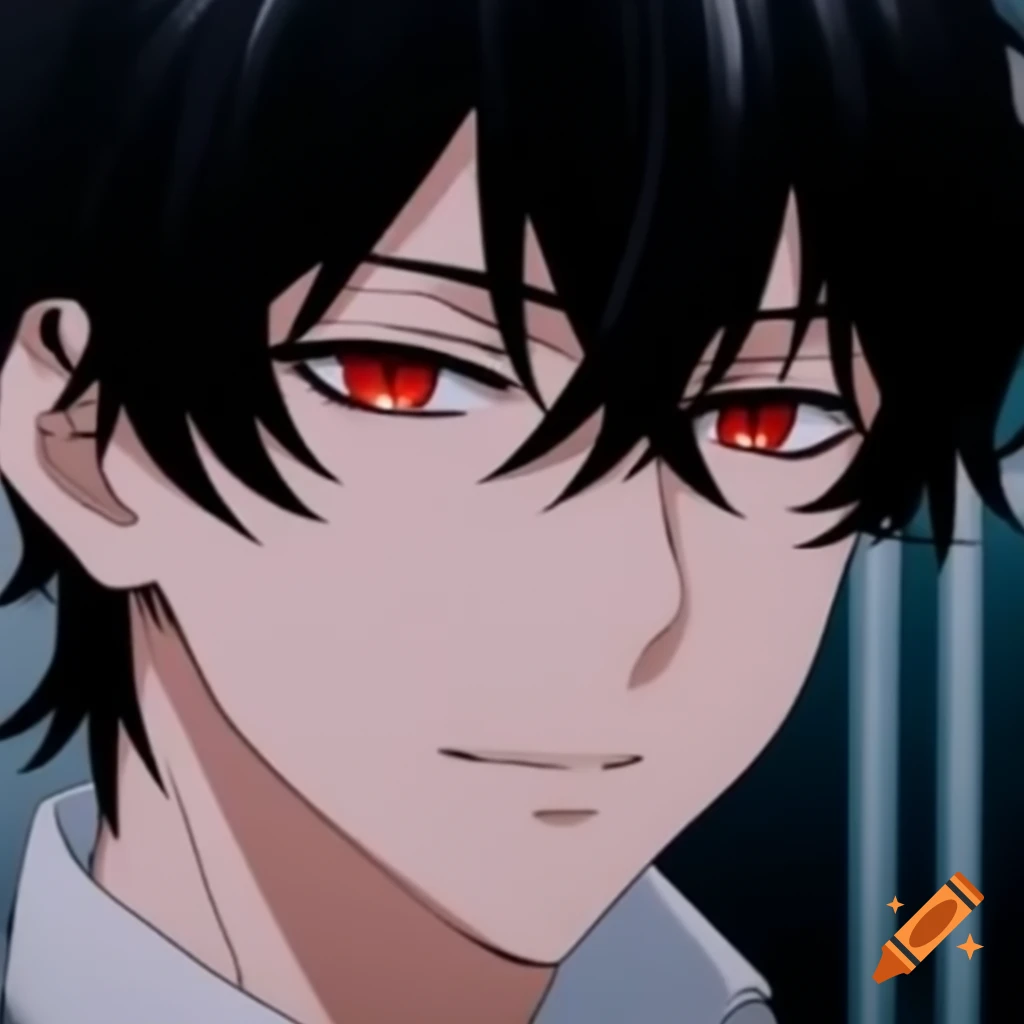 Stylized anime character with black hair and red eyes