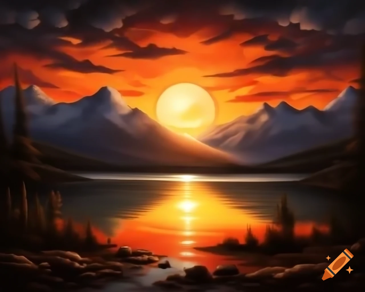 Photorealistic painting of sunset over mountain lake with god rays