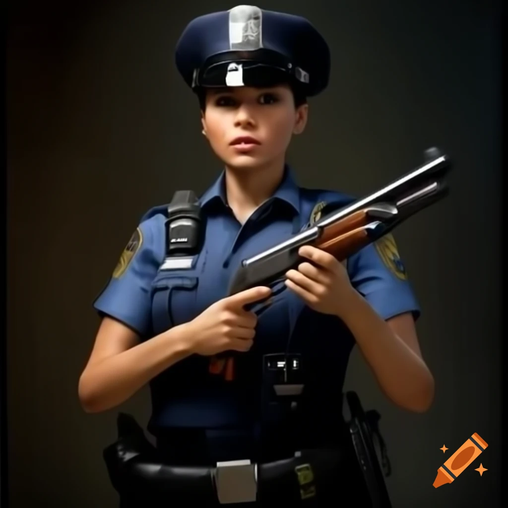 Police officer resembling Xochitl Gomez holding a shotgun