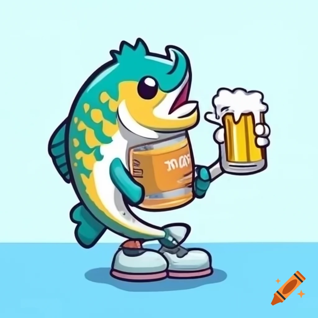 Cartoon fisherman holding bass fish on pier with beer can