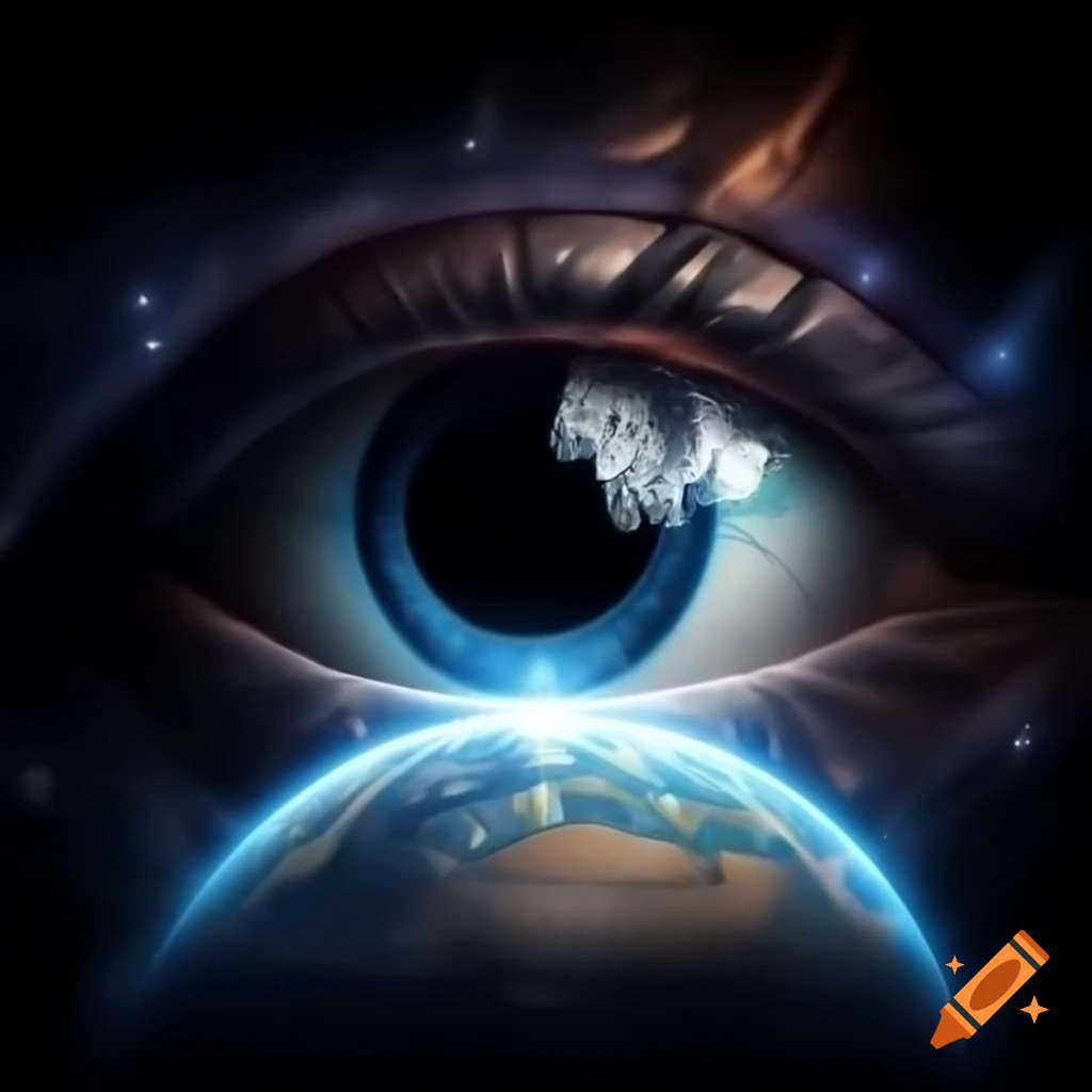 Artistic depiction of eye with space and globe elements in iris representing exploration of knowledge