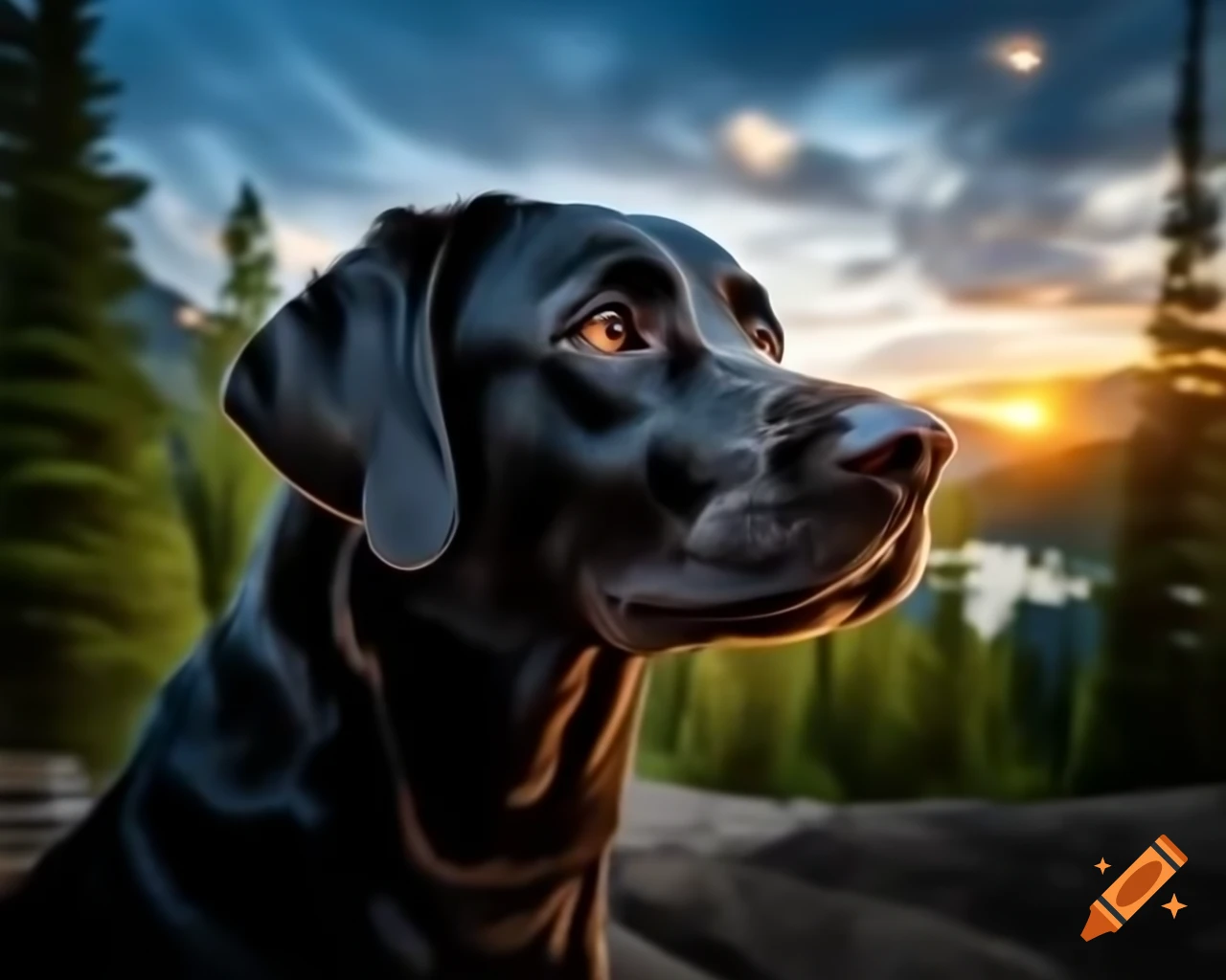 Black Labrador Retriever close up in forest with trees