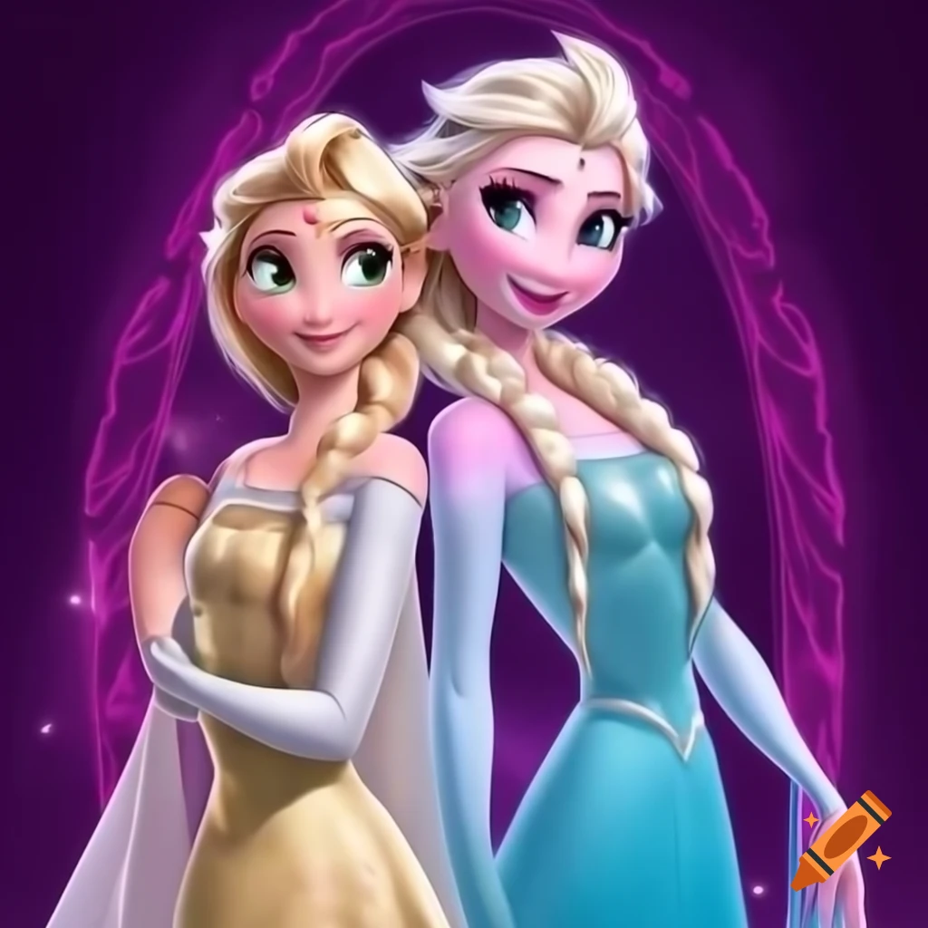Elsa and Rapunzel in shimmering gowns ready for adventures against fairytale backdrops