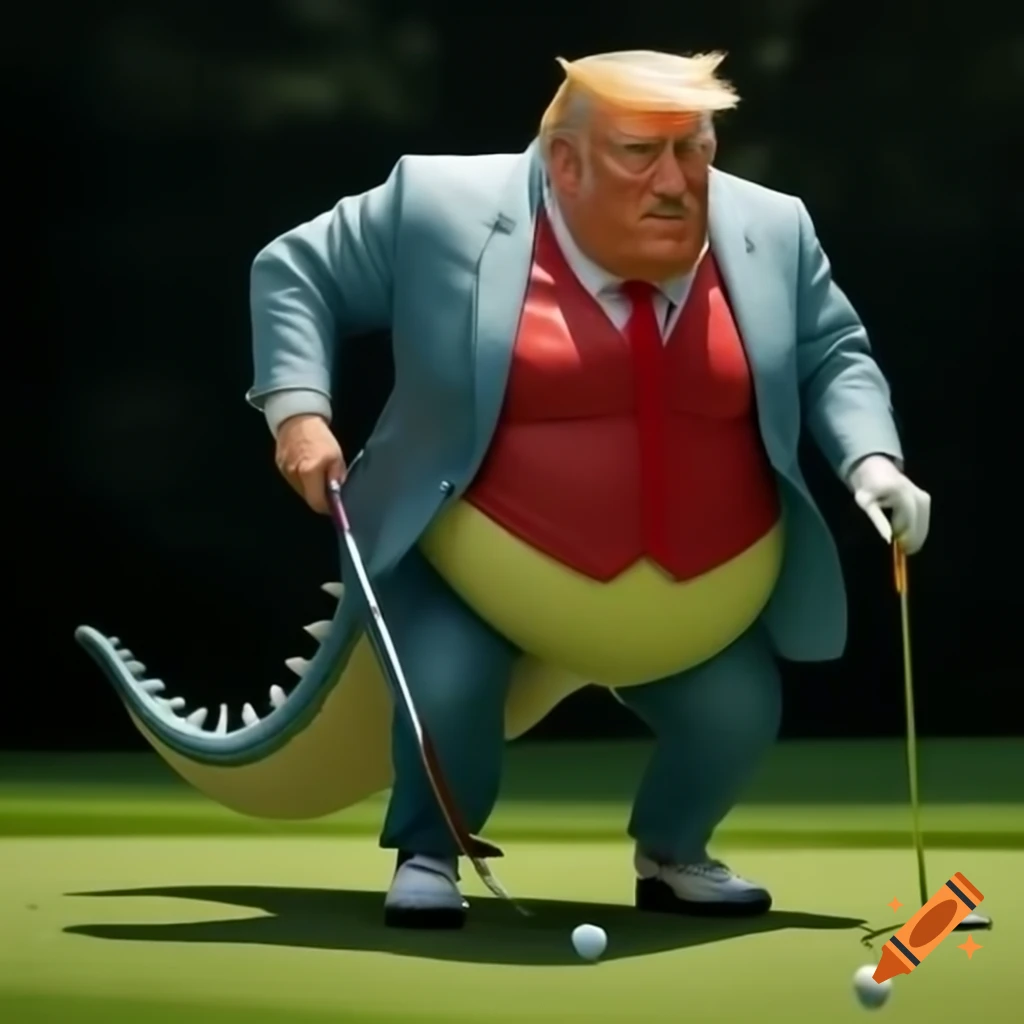 Satirical photorealistic image of character in crocodile costume golfing