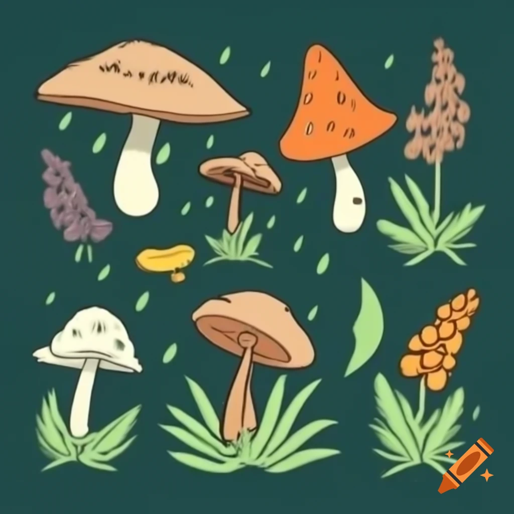 Whimsical design with hand-drawn mushrooms, wildflowers, and ferns on forest floor