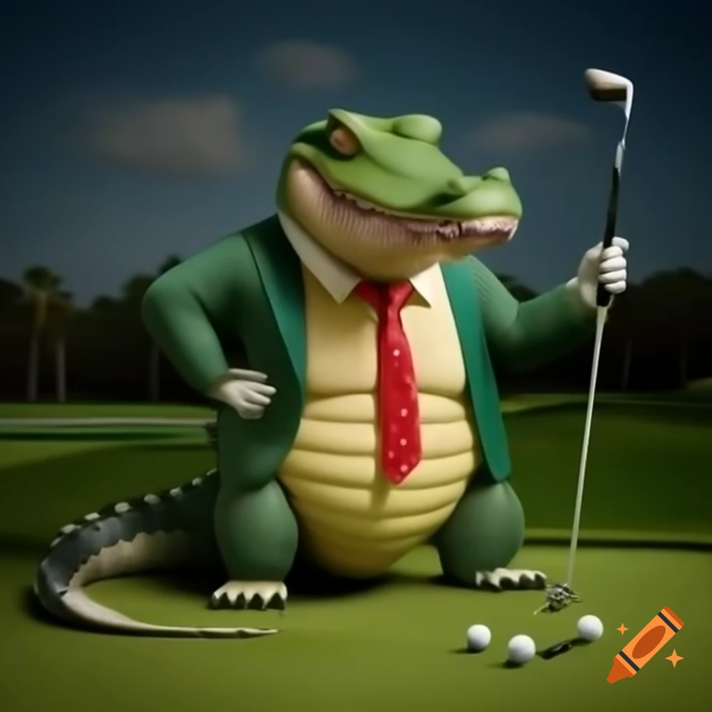 Satirical photorealistic image of a person in alligator costume golfing