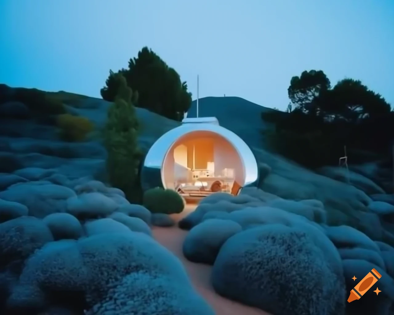 Charming lunar abode among craters with silver garden reflecting lunar landscape