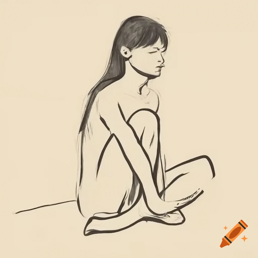 Young lady sitting in knee to chest position, artistic drawing