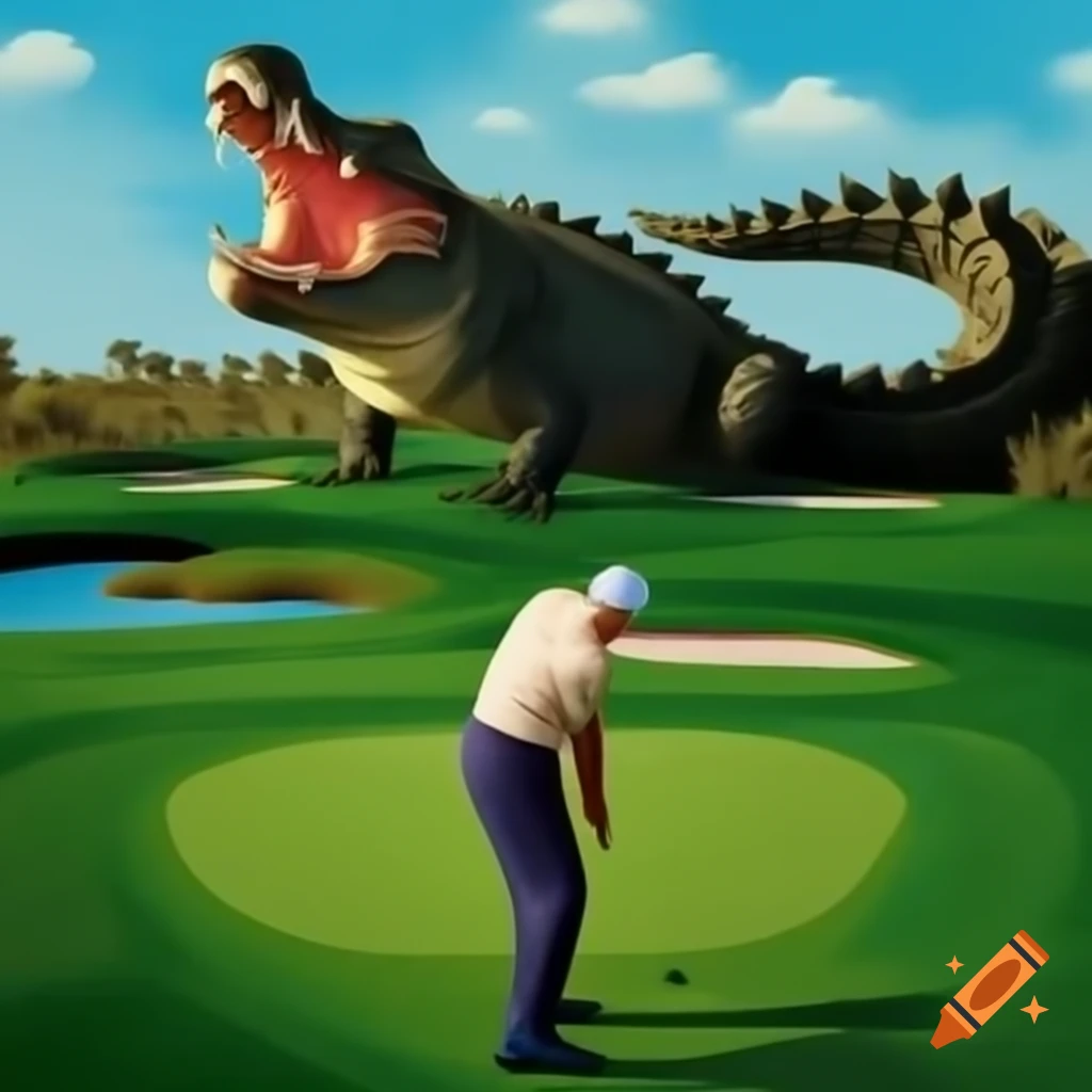 Satirical portrayal of a humorous scene with Trump golfing and an angry alligator chase