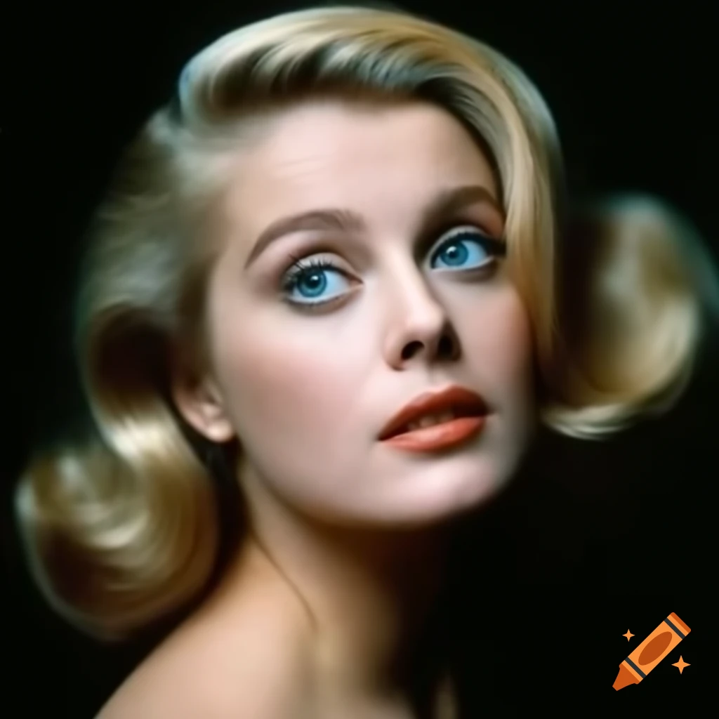 Hyper-realistic retro photo of beautiful European actress from 1963 with blue eyes and wavy golden hair
