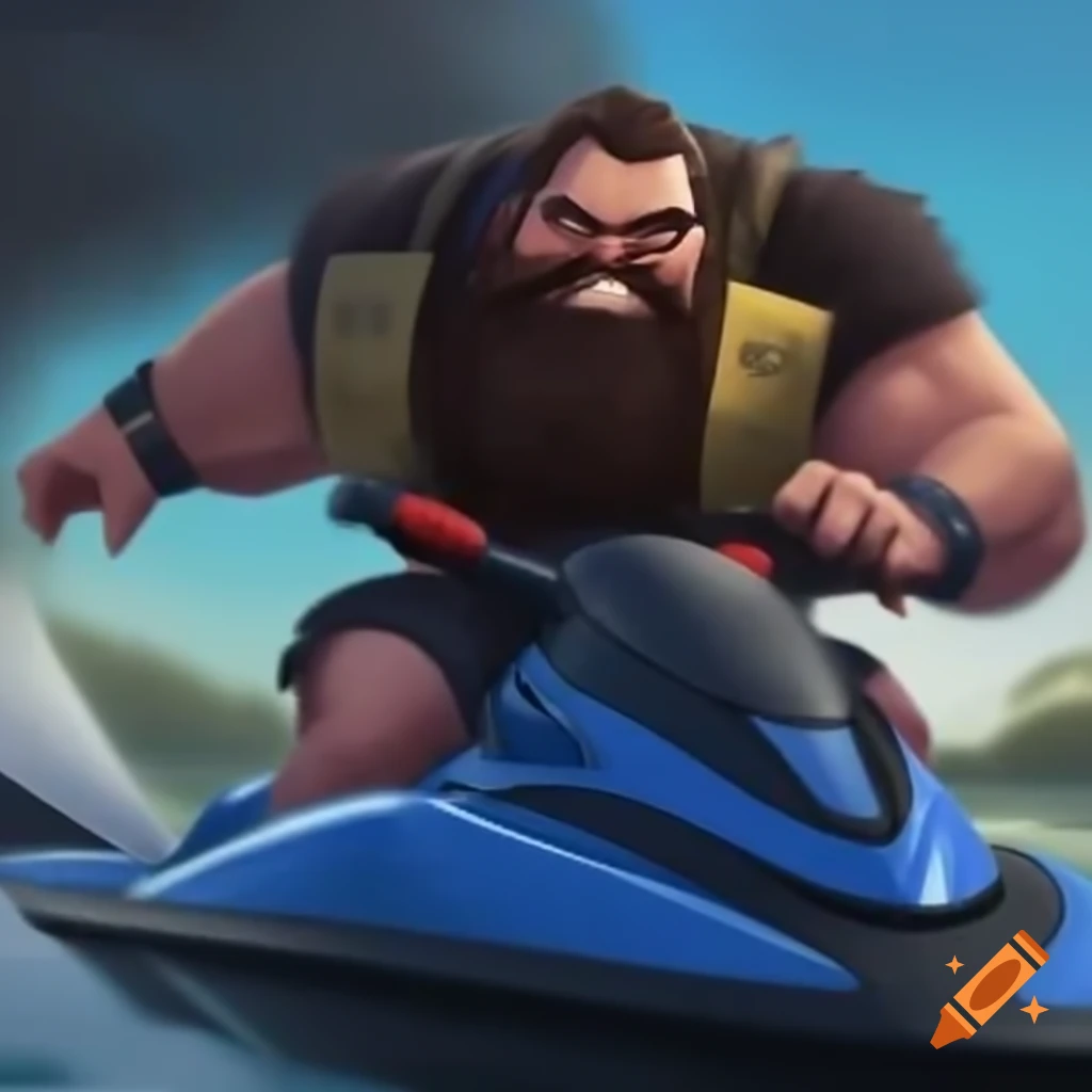 Strong man with dark beard riding jet ski