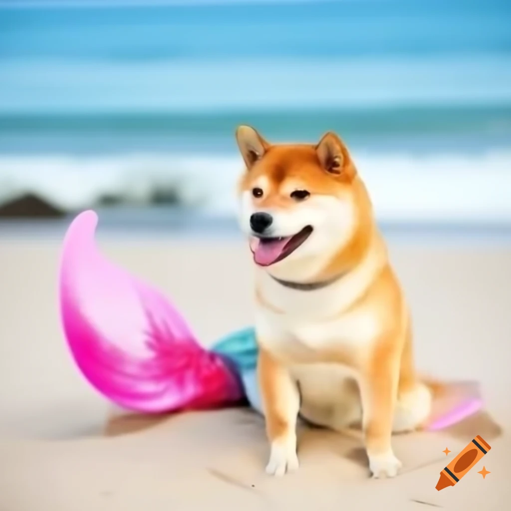 Shiba Inu dog as a mermaid on sunny beach, smiling with long hair