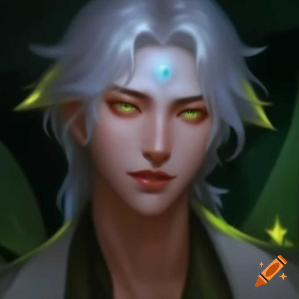 Realistic portrait of a striking man with silver hair and yellow green eyes