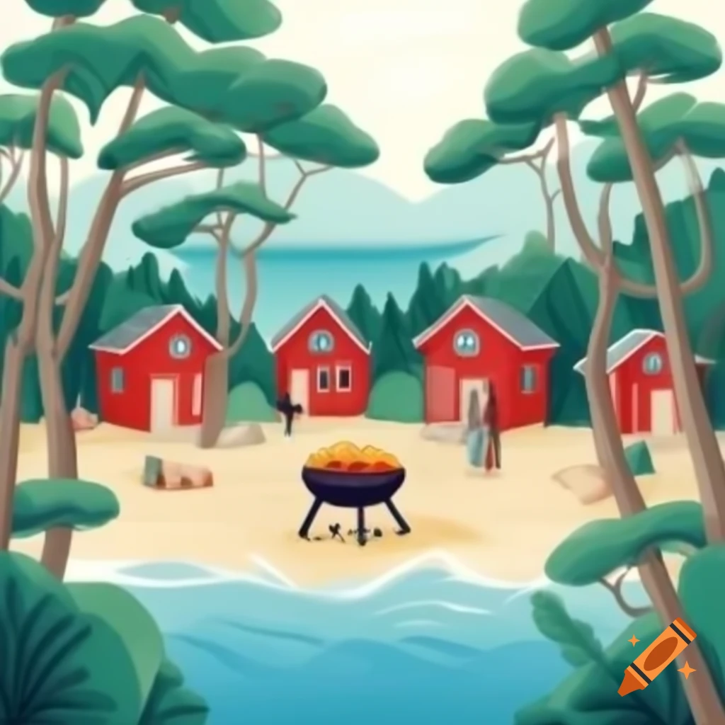 Red cabins by the sea with grilling place and sauna in Korean aesthetic art style