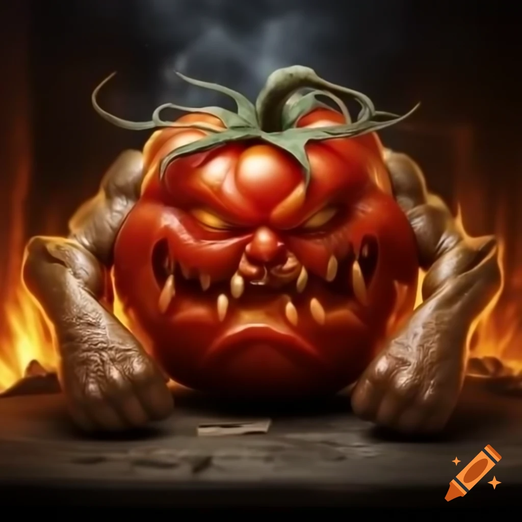 Muscular tomato character with fiery background