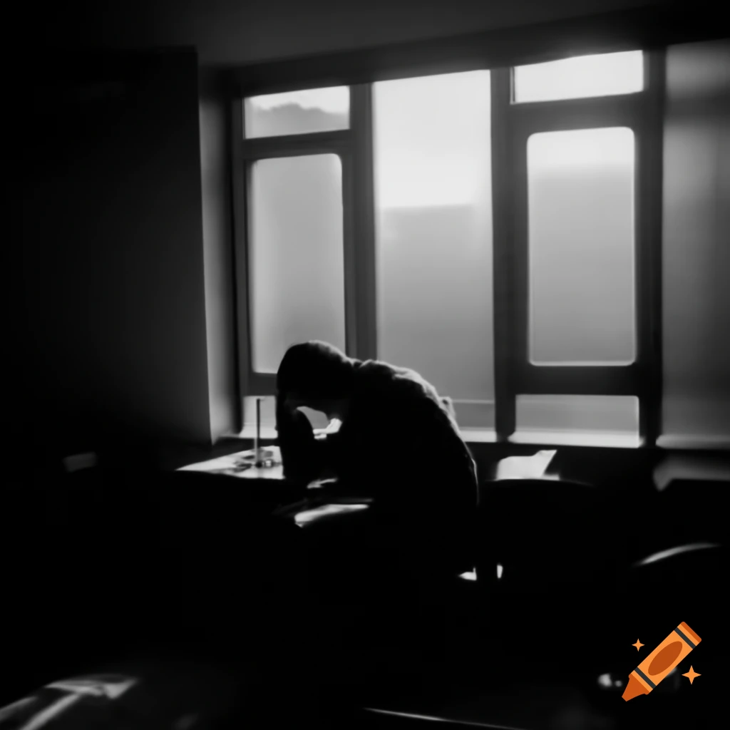 Solitary school student in empty classroom, illuminated by window light