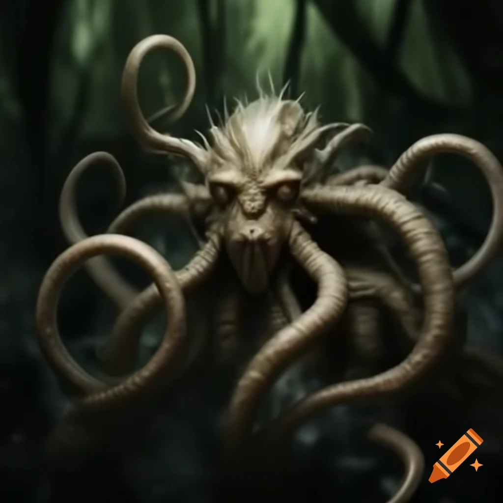 Creature with tentacles in dark swamp setting, photographic portrayal
