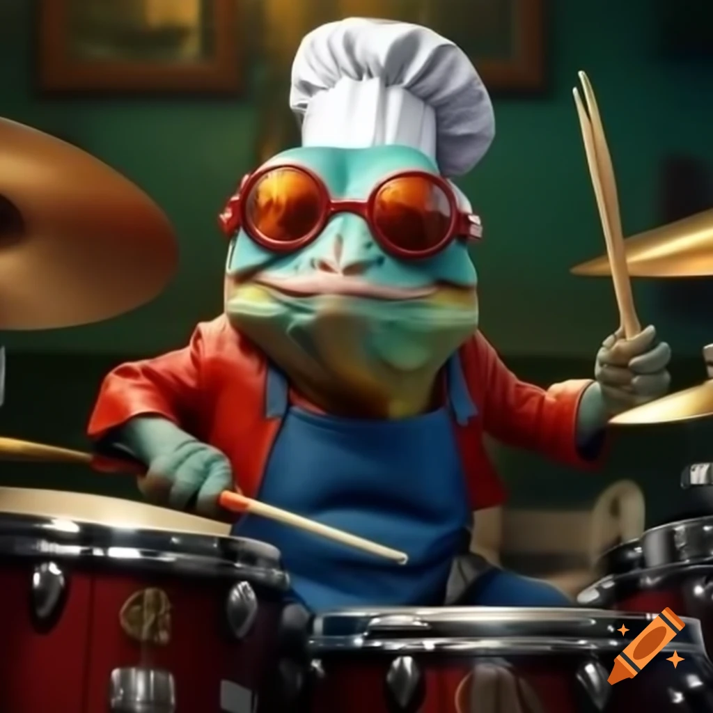 Funny chameleon chef wearing sunglasses and a red jacket sitting on drums in music room