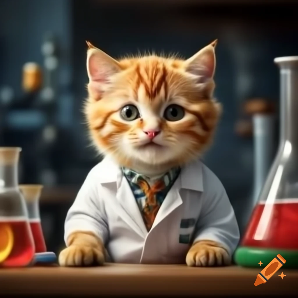 Happy orange tabby cat in lab coat in pathology laboratory