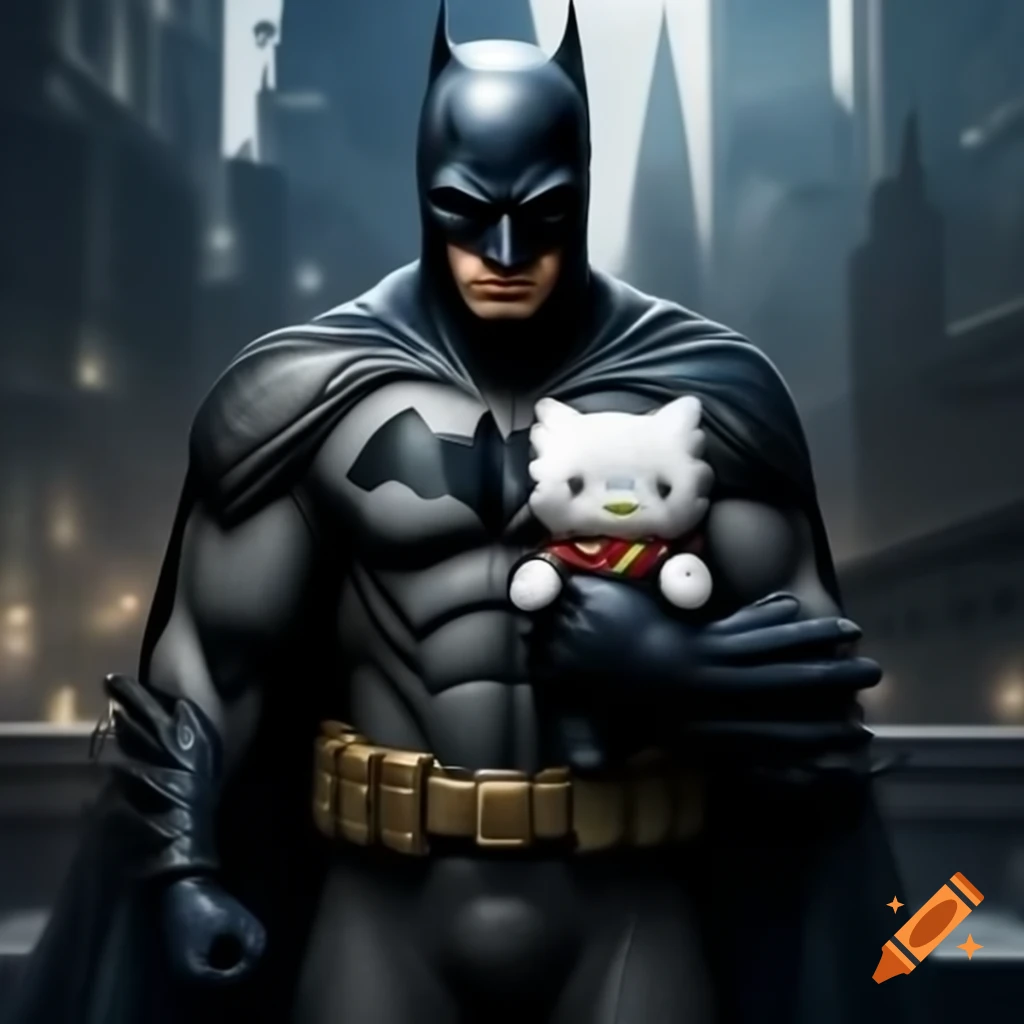 Batman holding Hello Kitty while overlooking Gotham City