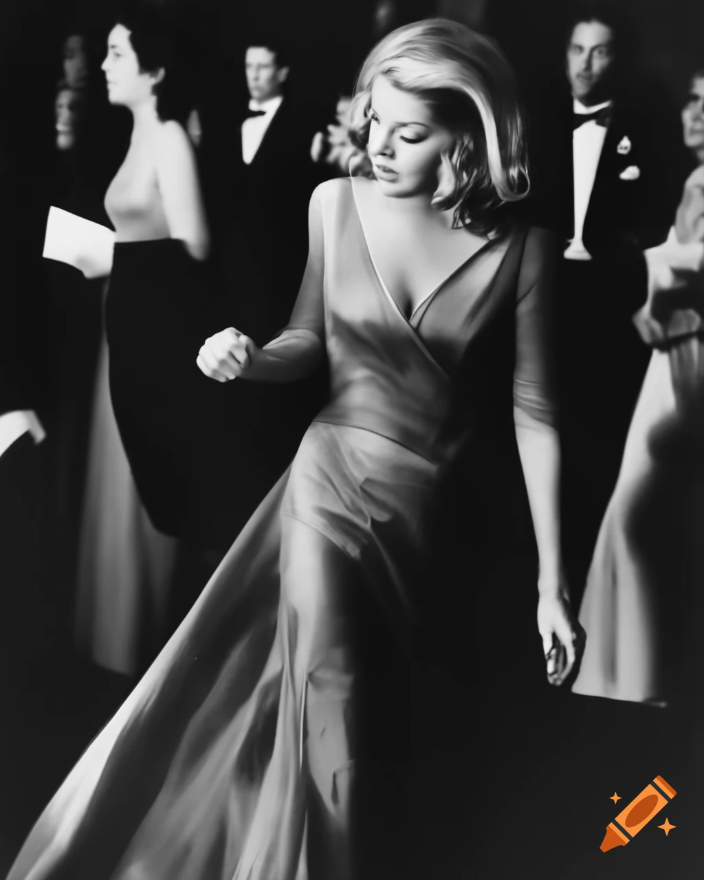Hyper-realistic portrayal of a beautiful European actress from 1963 with blue eyes and golden wavy hair