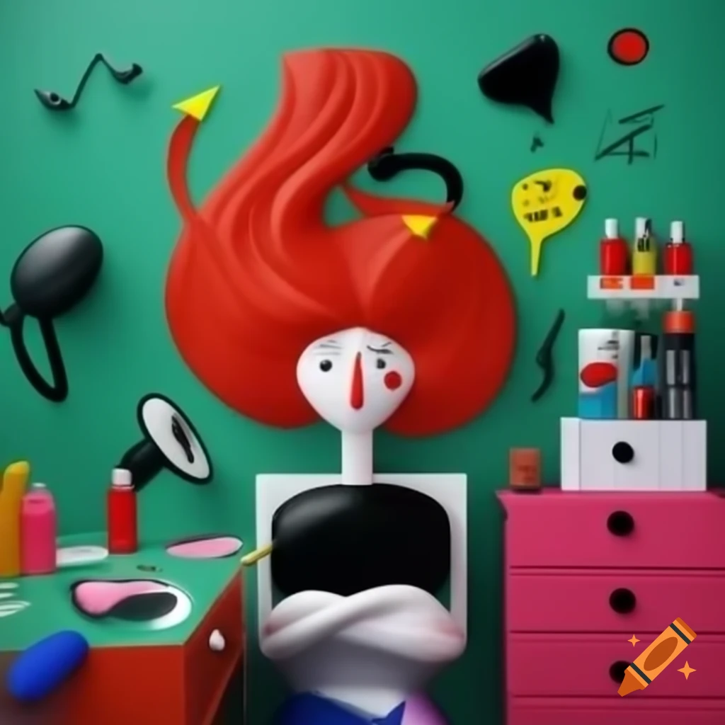 Abstract artwork of female hairdresser with gadgets and music in Miró style