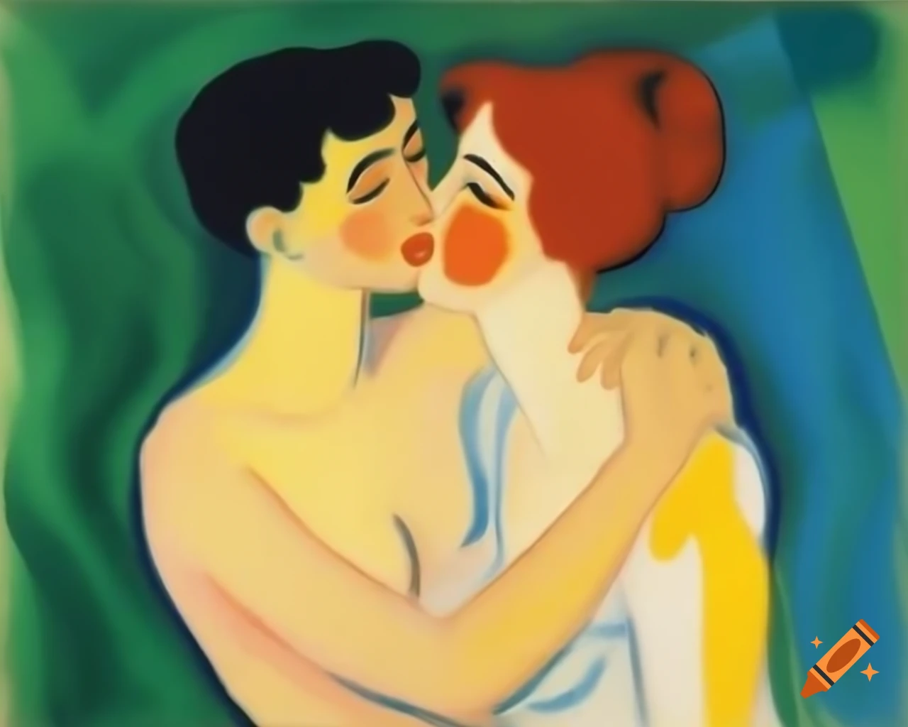 Henri Matisse inspired pastel-colored painting of a kiss