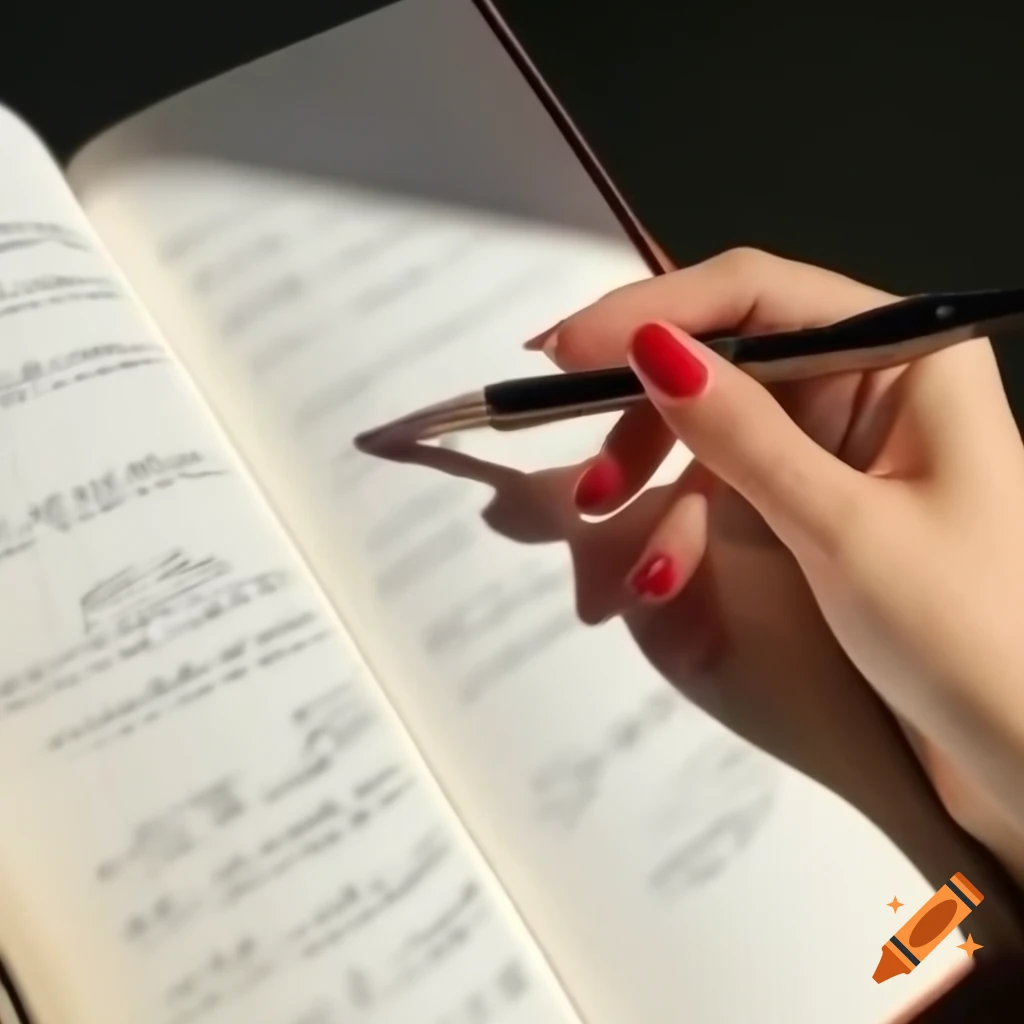 Delicate hand with red nails guiding quill on open diary