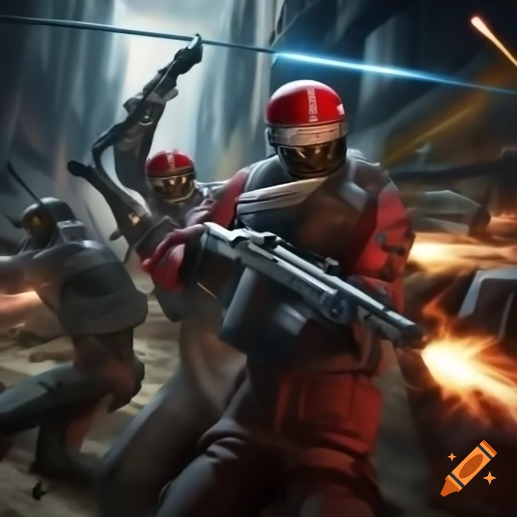 Chancellery Guards in futuristic uniforms amidst a science fiction battle scene