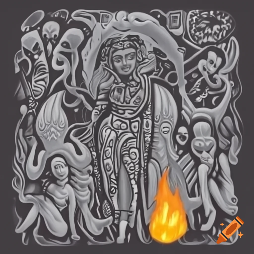 Occult themed heavy metal show flyer featuring witches dancing around a fireplace