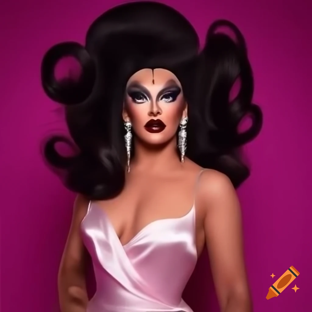 Emily Kaz's RuPaul's Drag Race promo look in a flowy silk gown with long wavy hair