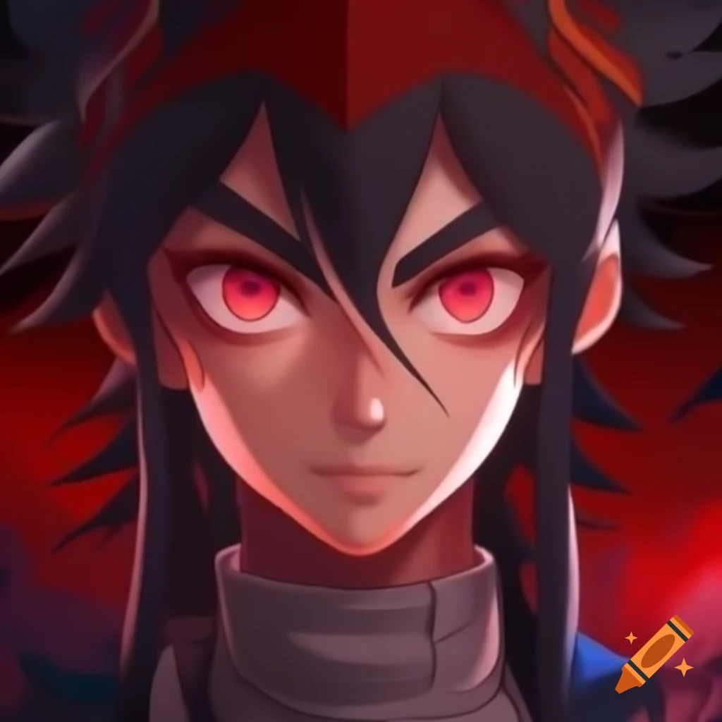Tall anime character with red eyes, cool appearance, and wielding a sword