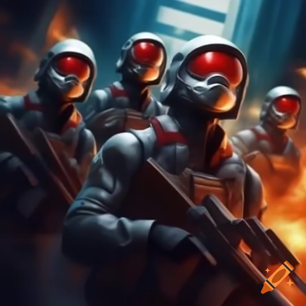 Chancellery Guards in futuristic uniforms amidst a science fiction battle scene
