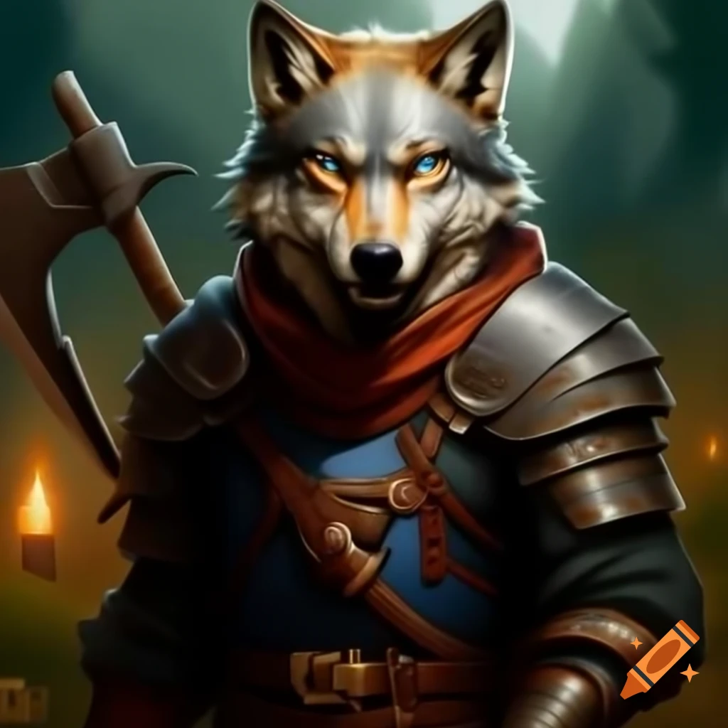 Wolfman in medieval armor with hatchet, rugged appearance and vain blue eyes