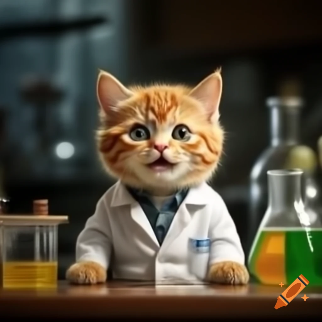 Happy orange tabby cat in lab coat in pathology laboratory
