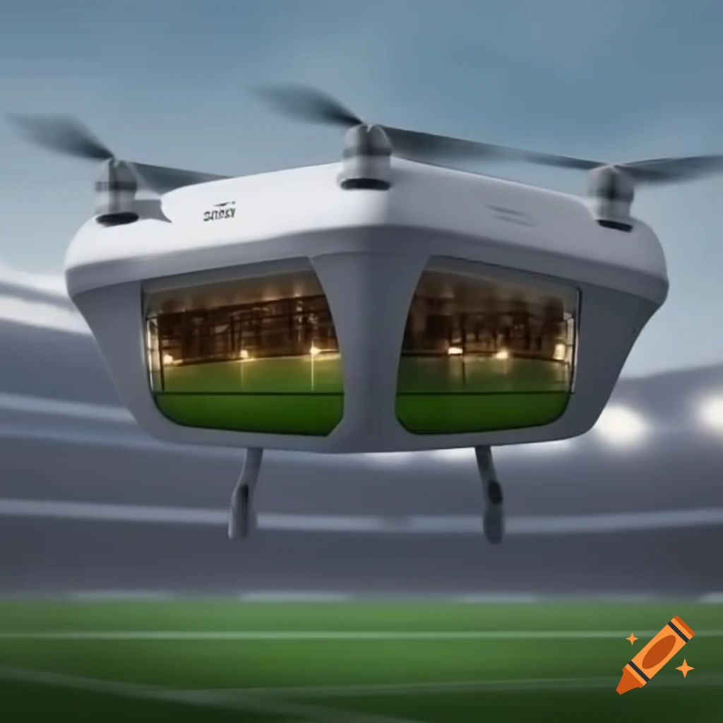 Building resembling a drone with football field on the roof