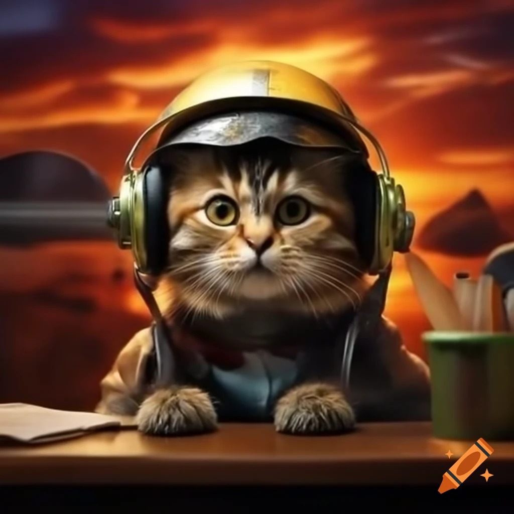 Cute cat wearing helmet at sunset, mobile wallpaper