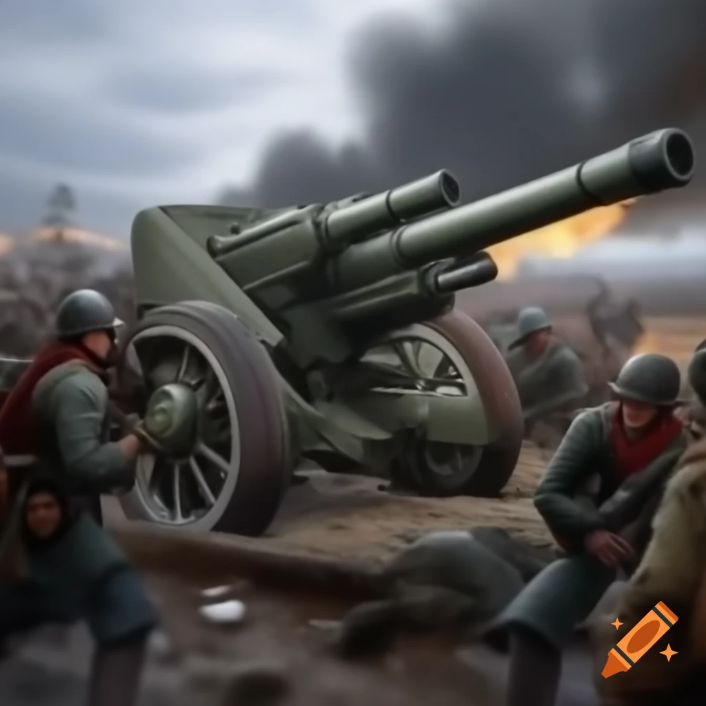 Scene depicting chaos with big artillery in Second Interterritorial War, inspired by WW2 style