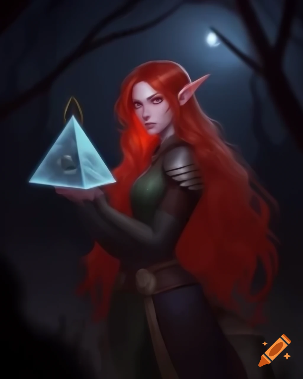Female elf mage with red hair holding pyramid-shaped object in moonlit forest