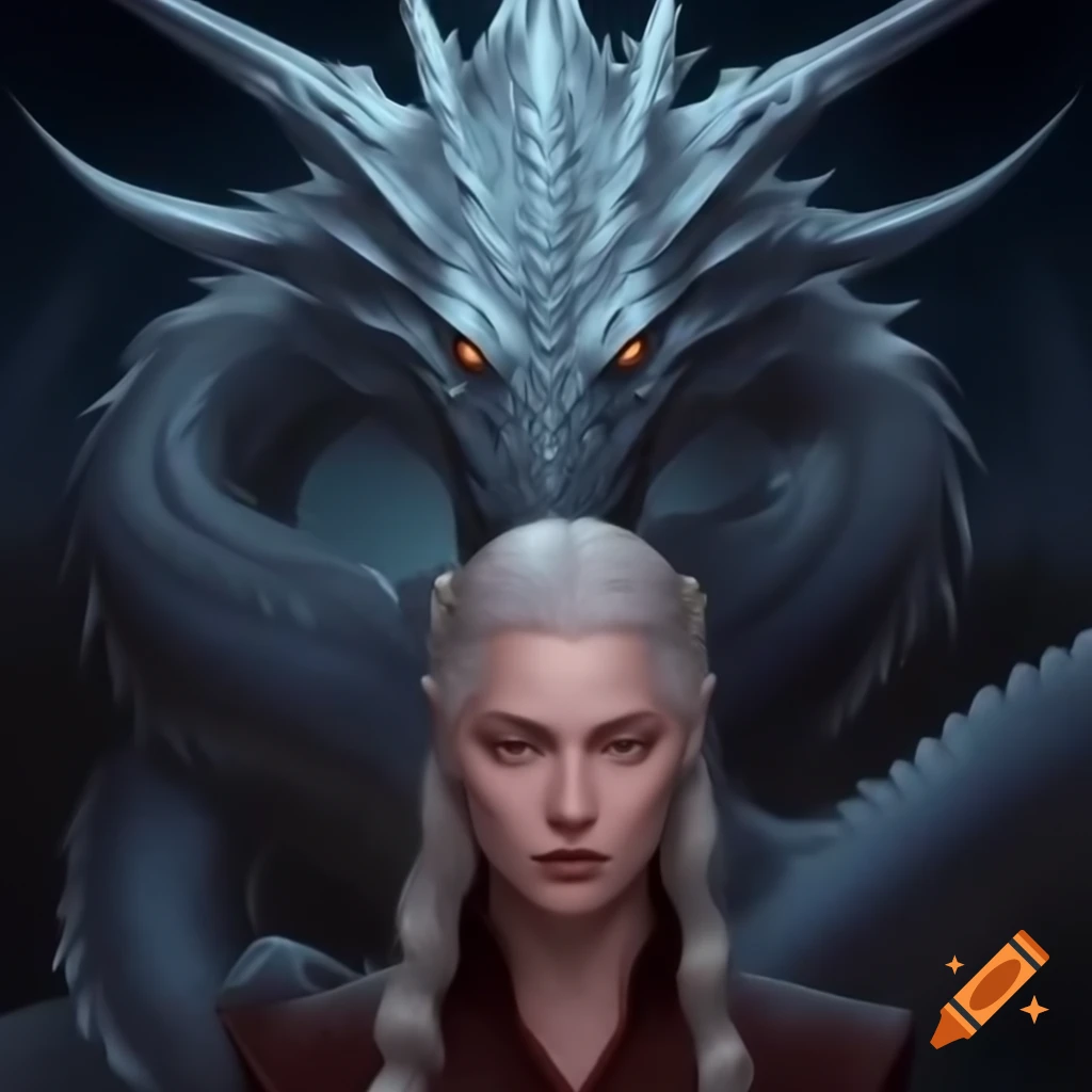 Rhaenys Targaryen with silver hair next to silver dragon