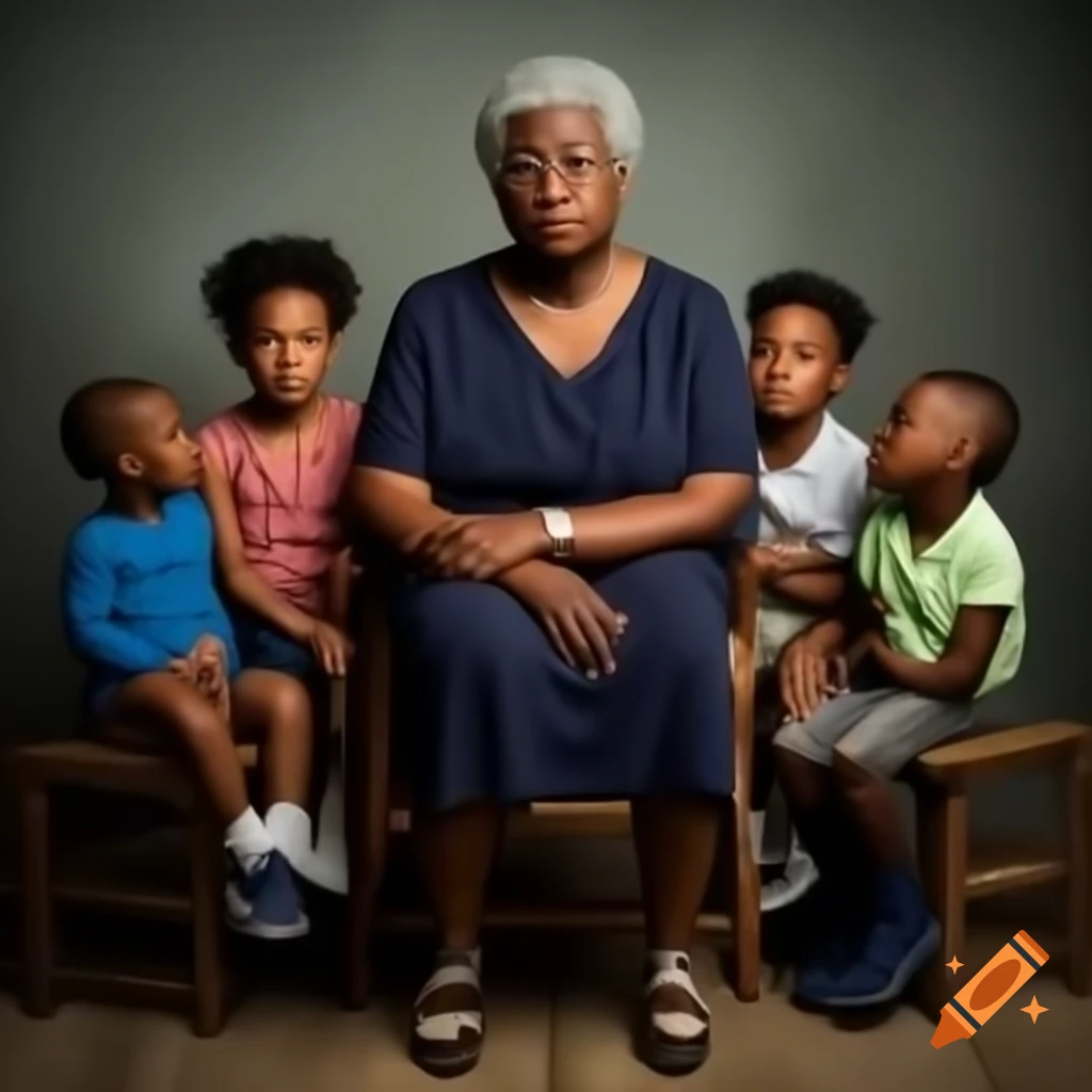 Black woman with gray hair storytelling to her seven children in rocking chair